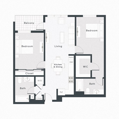 Floor plan for 2 beds, 2 baths, 1129 sqft
